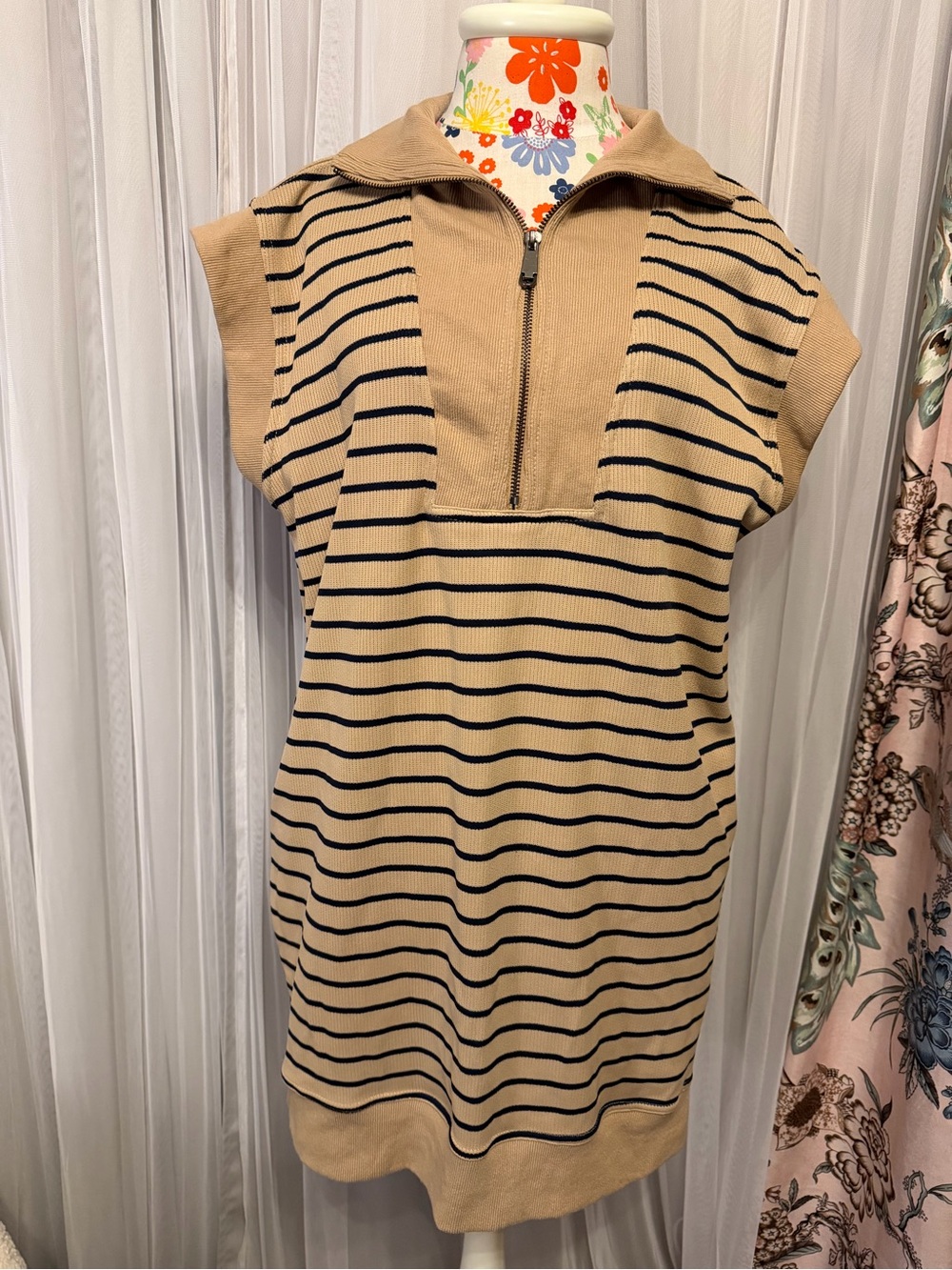 Striped Knit Zip Polo Dress in Camel and Black